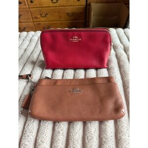 Coach Red Cosmetic Case 52461 and Brown Leather Wristlet 52334 Bundle